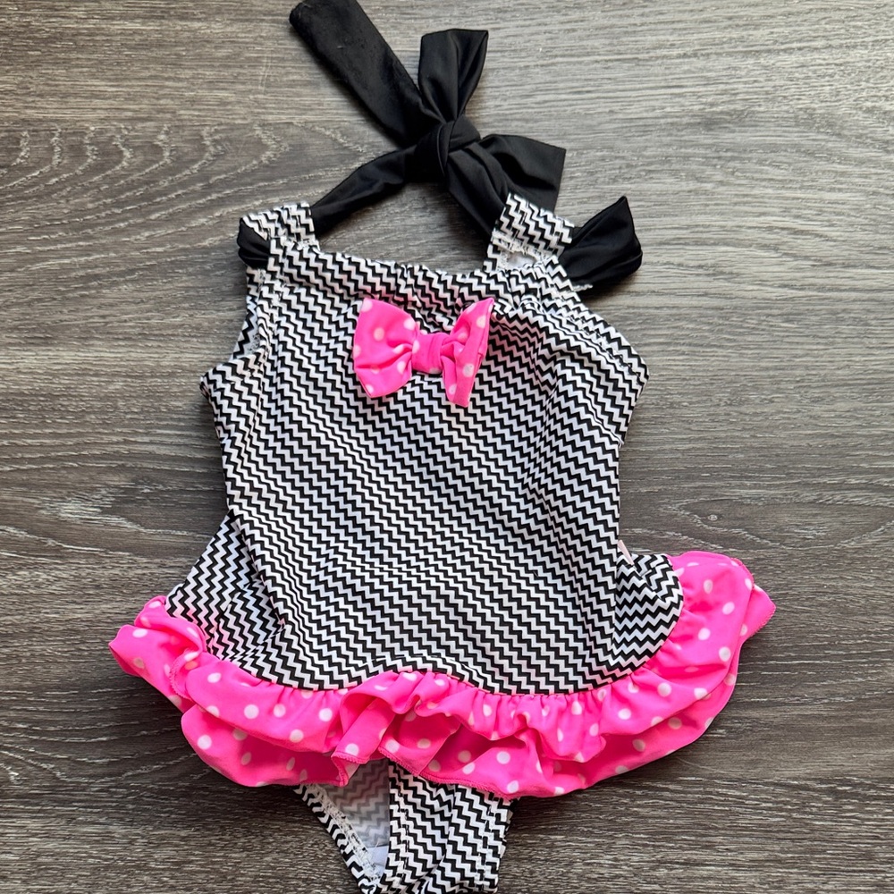 Floatimini Black and White Zigzag with Pink Ruffle Girls One Piece Swimsuit